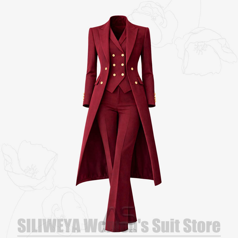 Women'S Formal Wear Wedding - Damenanzug 3-teilig Doppelreihiger Langer Mantel Weste