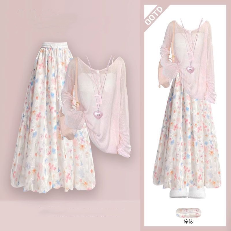 Women Formal Wear Tops - Damen Sommer Neue Mode Langarm Sonnenschutz-Oberteil+Weste+Blumenrock
