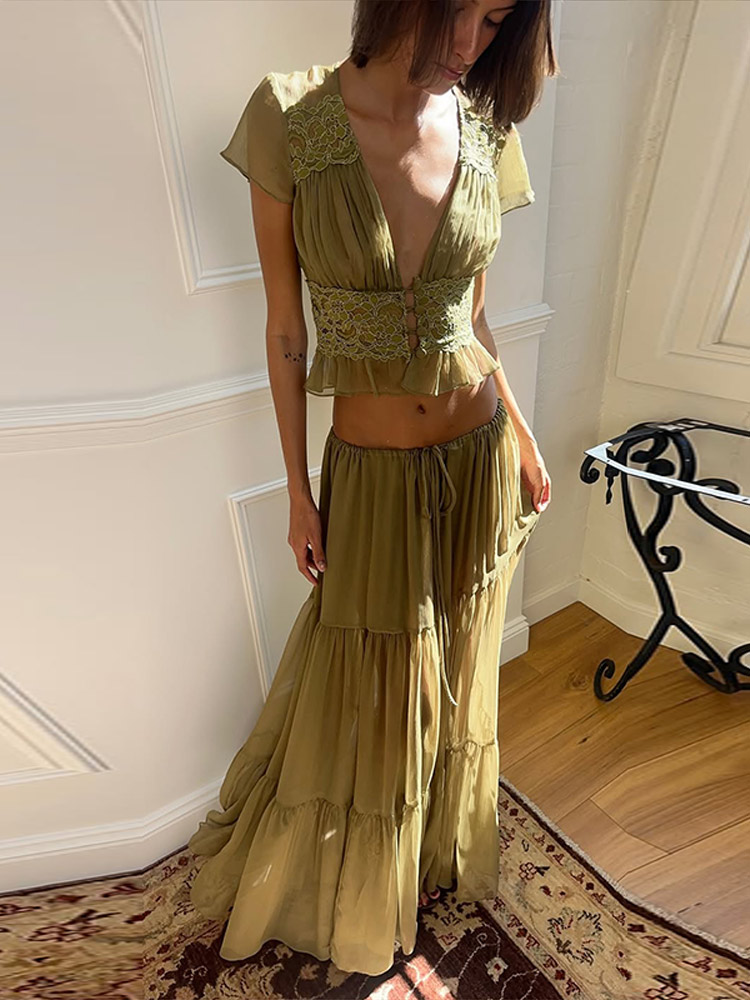Women Formal Wear Tops - Elegantes Spitzen-Patchwork Damen-Hemd-Rock-Set Kurzarm V-Ausschnitt Crop-Top