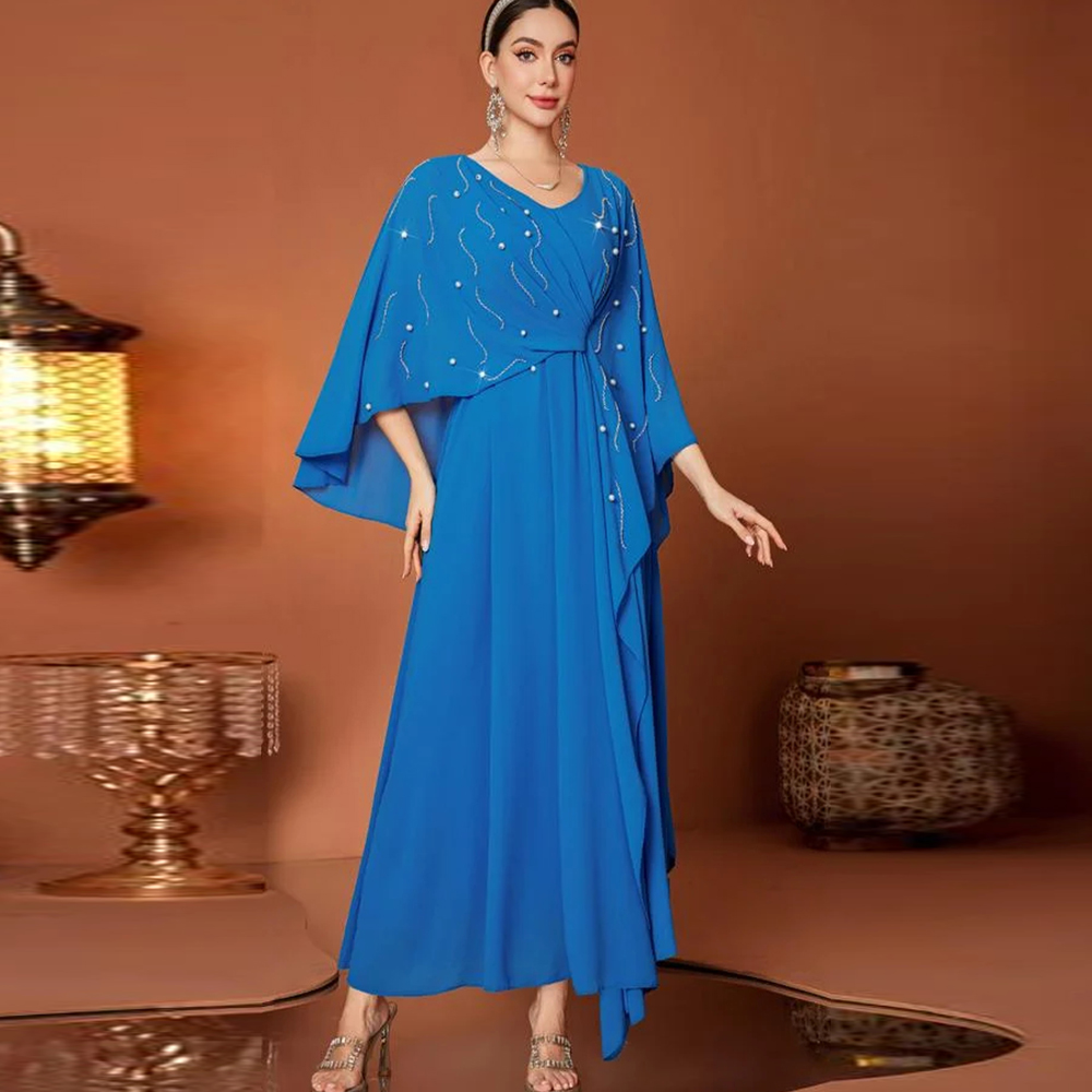 Women Luxury Formal Wear - Luxuriöse Abendkleider mit V-Ausschnitt, Cape-Ärmeln, Perlen