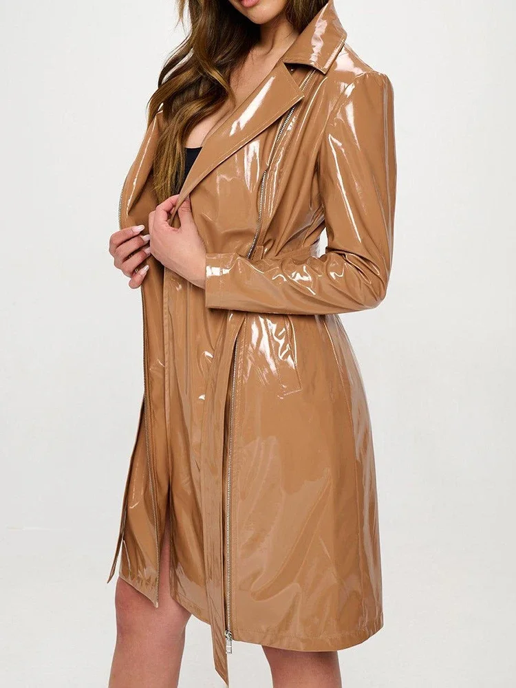 Frauen glänzendes Kunstleder b – Trench Coat Formal Bewertung und Preis